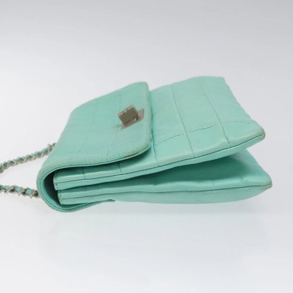 CHANEL Chain Choco Bar Shoulder Bag Lamb Skin Light Blue Silver CC Auth 126604 - Picture 9 of 15